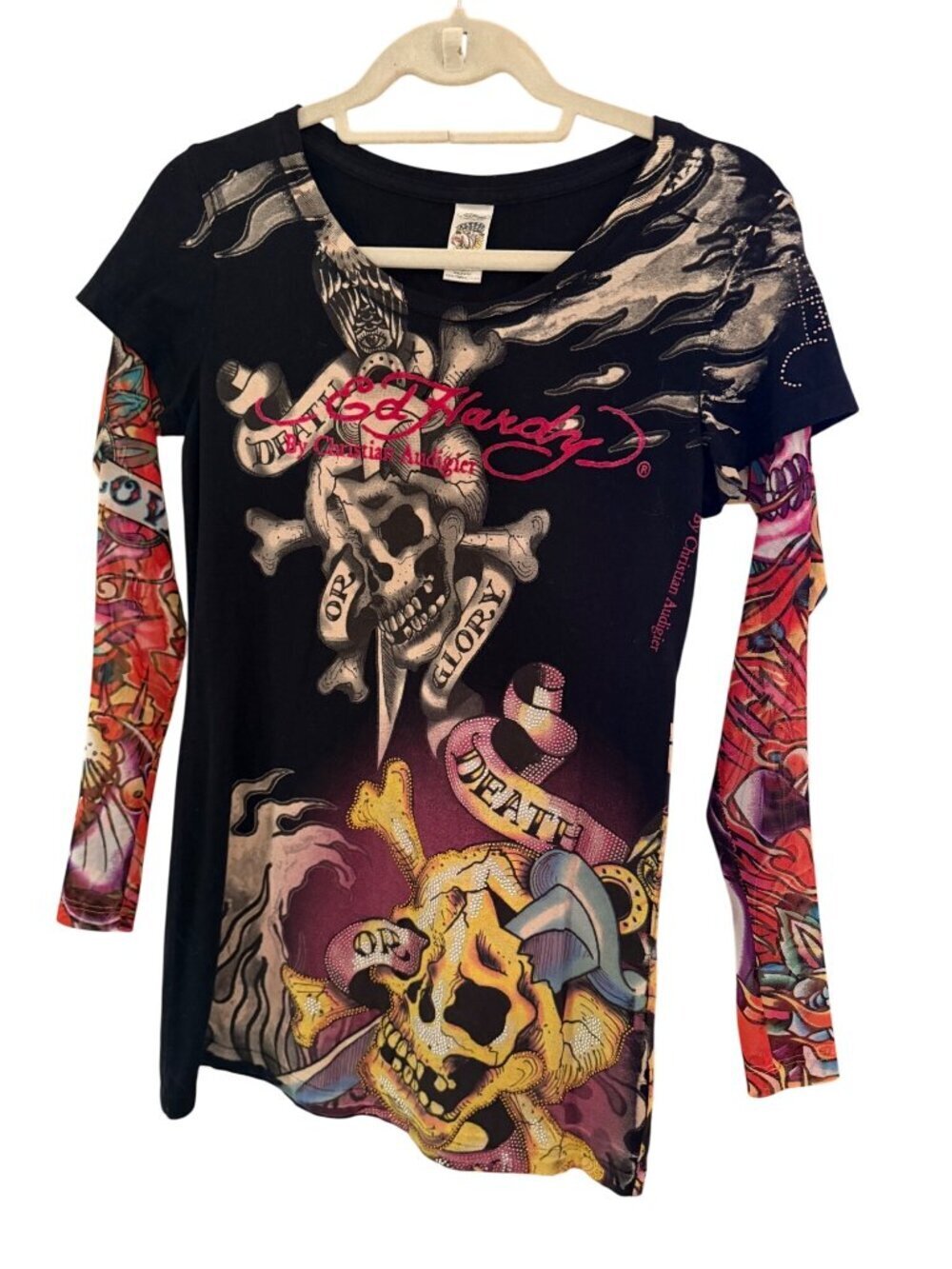 Ed Hardy Womens Long Sleeve Layered T Shirt Size S Black Crystal Embellished Y2K - Picture 12 of 12